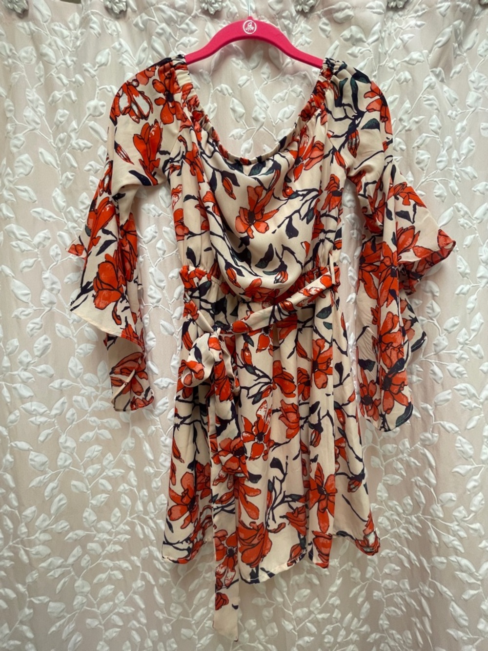 Lulus-Floral Off-Shoulder Tie-Waist Dress in Cream and Orange
